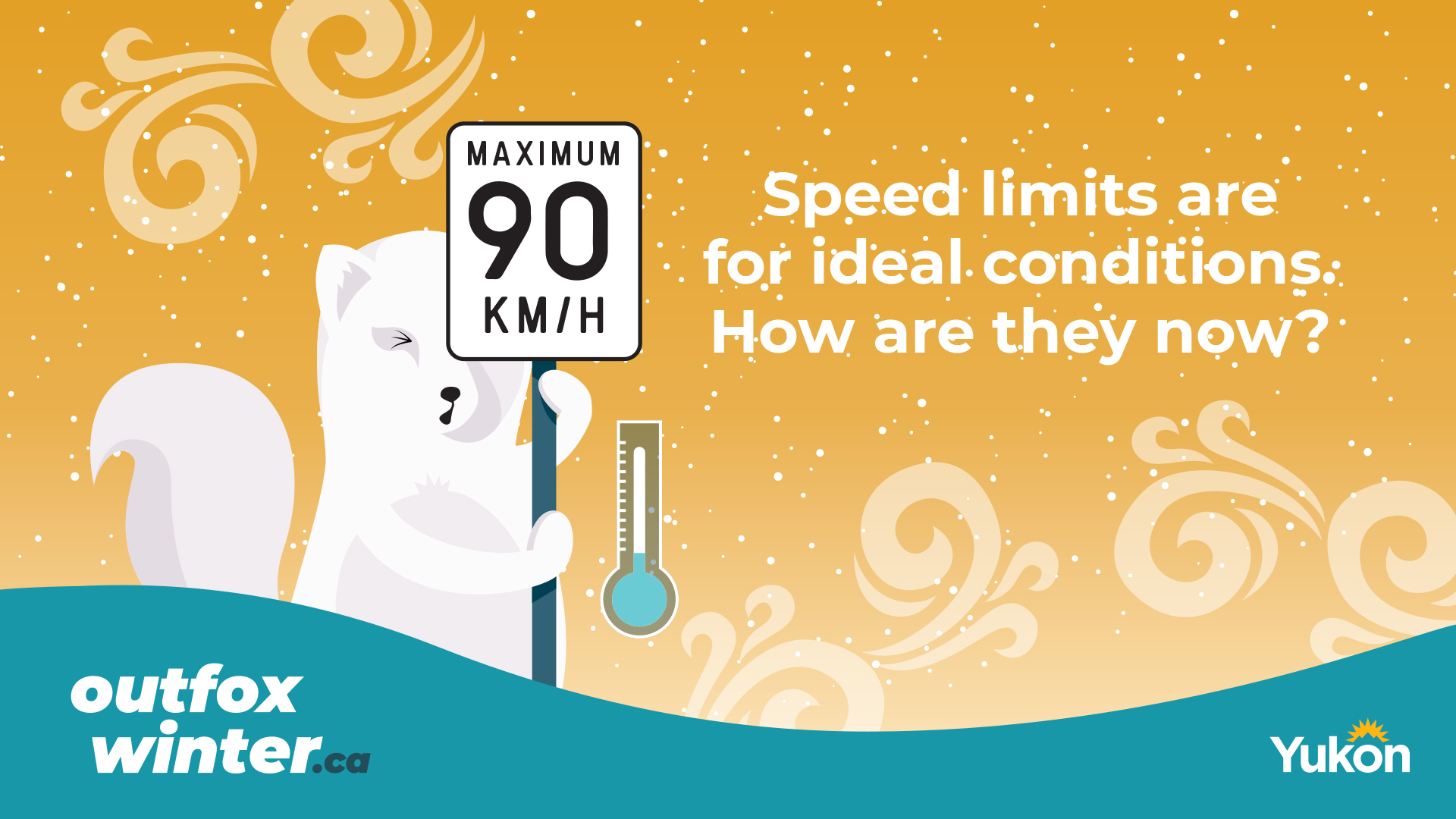 Illustration reminding drivers that posted speed limits apply to ideal conditions and that speeds should be reduced when winter weather affects road conditions.
